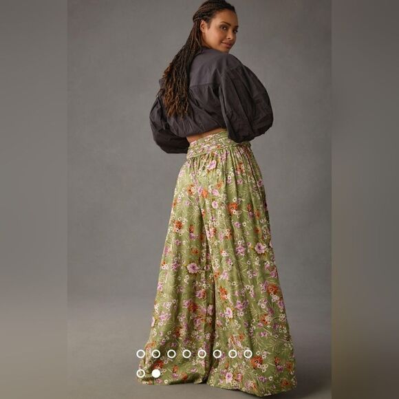 Anthropologie Wide-Leg Floral Pants In Olive Green Size 6 Tall NWT - Picture 9 of 11